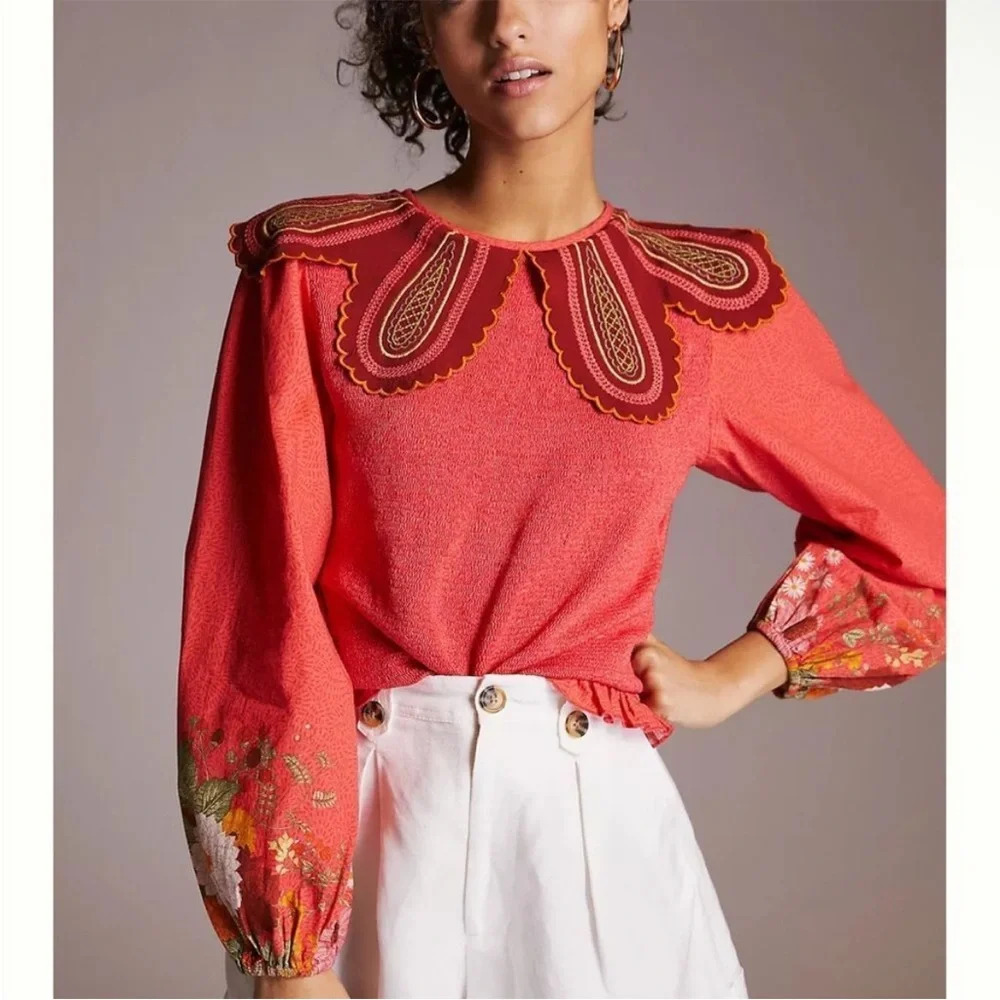 NWT Anthropologie Bl^nk Aliyana Collared Smocked Top